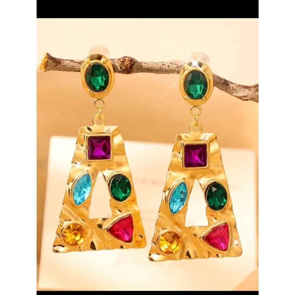 14K Gold Plated Colorful Crystals Triangular Earrings